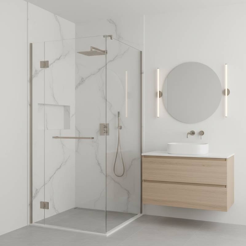 A modern, sleek bathroom featuring a seamless white marble-patterned acrylic shower surround with minimalist hardware.