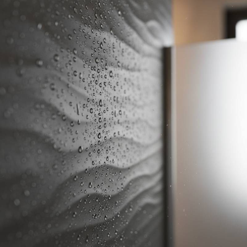 A close-up shot of water droplets beading and rolling off a smooth, textured shower wall panel.