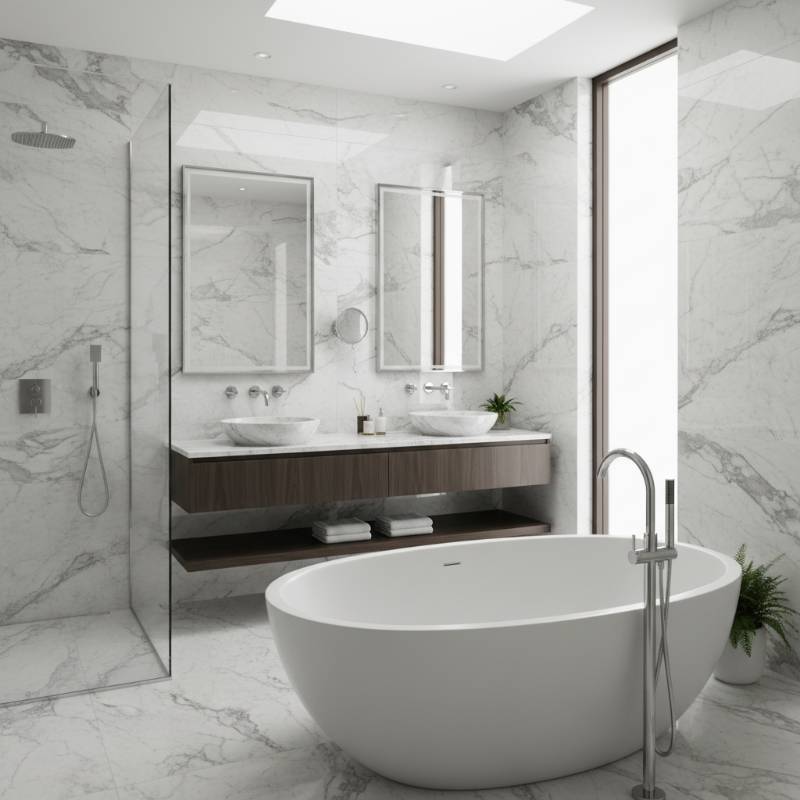 A bright, contemporary master bathroom with marble-patterned wall surrounds and chrome fixtures.