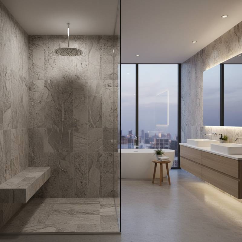 A modern bathroom featuring a glass-enclosed walk-in shower with stone-patterned wall surrounds and a luxury rain showerhead.